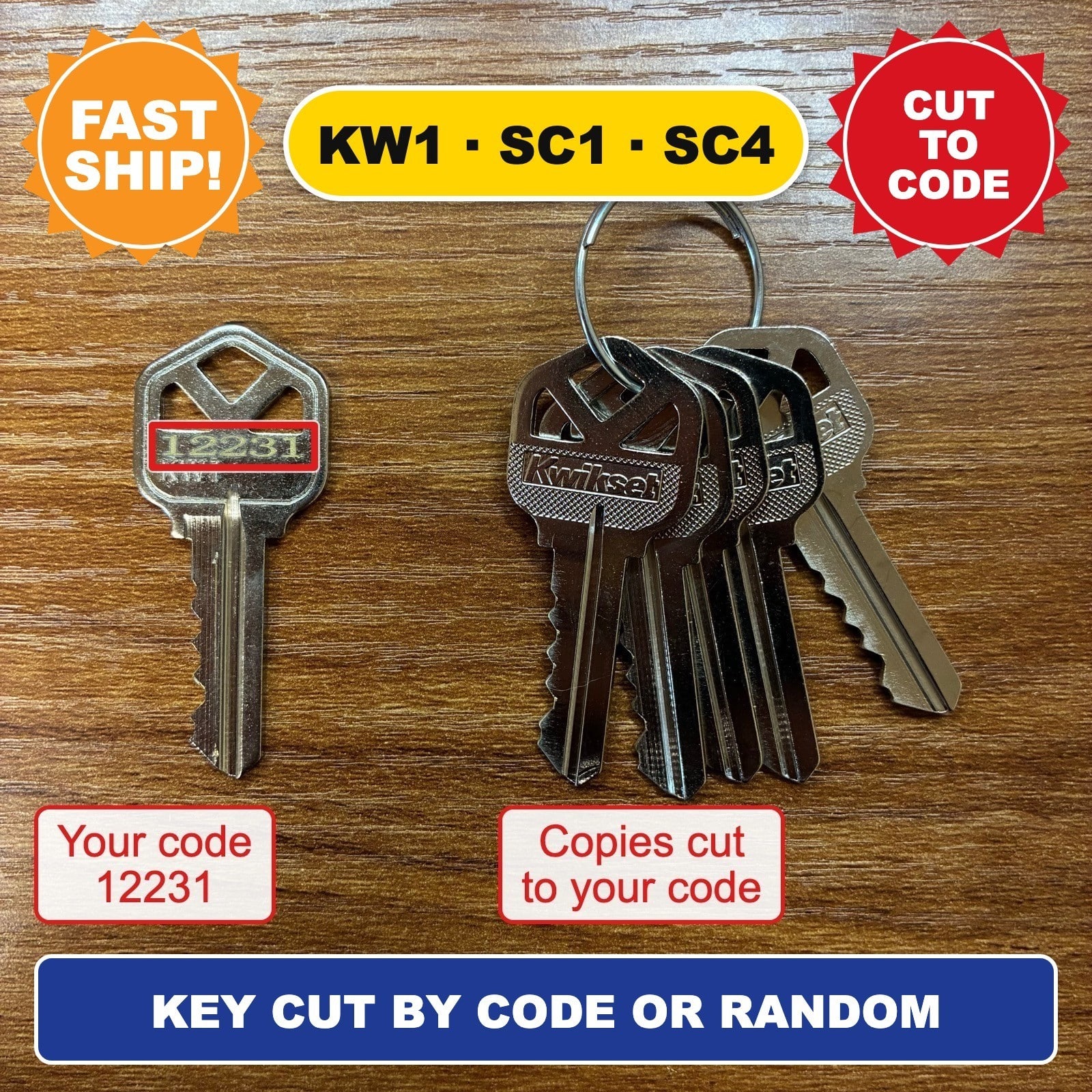 House Keys Cut to Code: Kwikset KW1 / Schlage SC1 / SC4 (Plain or DND) - Image 1